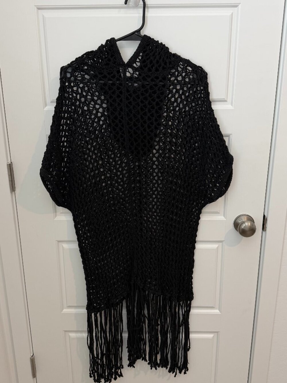 Jonny Cota Studio Black Crochet Fringe Poncho Open Knit Boho Festival Cover Up